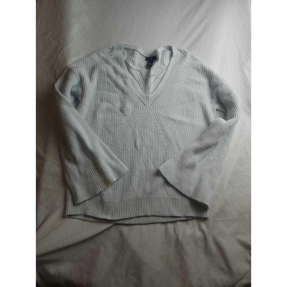 Gap Womens Light Blue Ribbed V-Neck Bell Sleeve Cotton Blend Sweater Size L